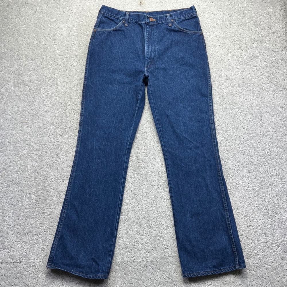 VINTAGE 70s Rustler Jeans Mens 36x32 (33x31) Blue Denim Bootcut Talon Zip USA